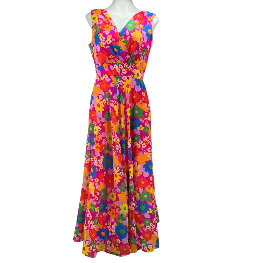 Montgomery Ward Vintage Vibrant Floral Pink V Neck Sleeveless Maxi Dress Size 16 - Picture 2 of 13
